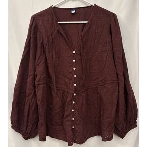Old Navy Women's Eyelet Blouse Maroon Fall Top Long Sleeve SZ XL
